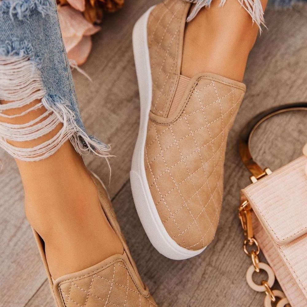 LADIES MAKE WAY TAUPE QUILTED SLIP ON SNEAKERS